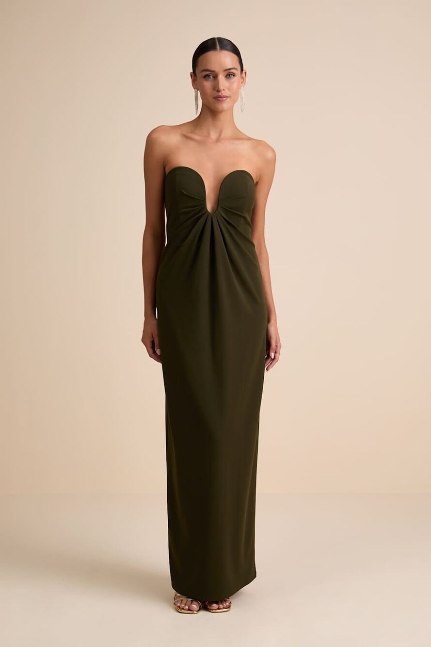NWT Lulus Thula Dark Olive Cutout U-Bar Column Maxi Dress Strapless Gala Size L